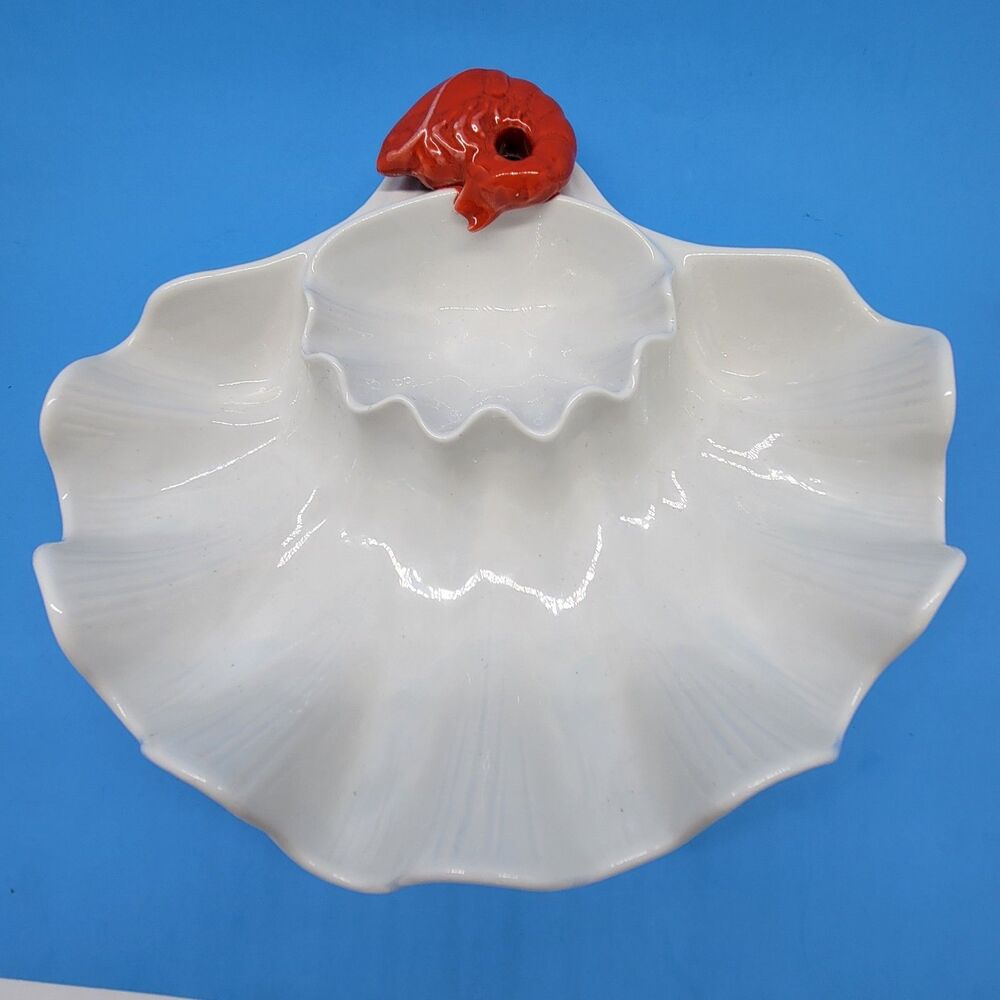 Ceramic Clam Shrimp Shaped Chip And Dip Condiment Bowl 11"x12 1/2" x 3 1/4" High